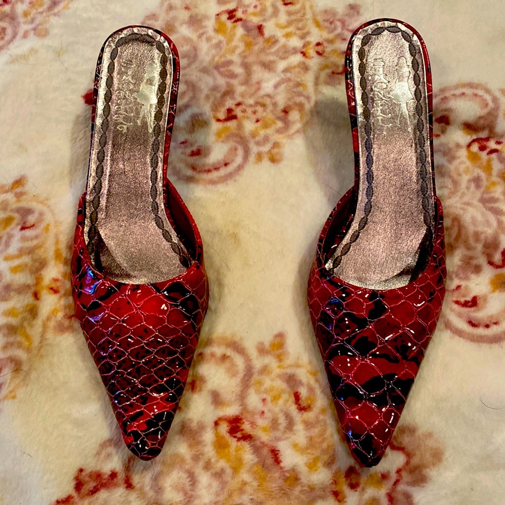 Red and Black snake skin inspired leather mules